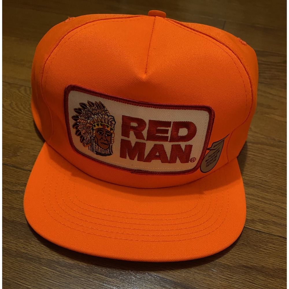Vintage Red Man Chewing Tobacco Orange Snapback Patch Trucker Hat Cap - USA Made